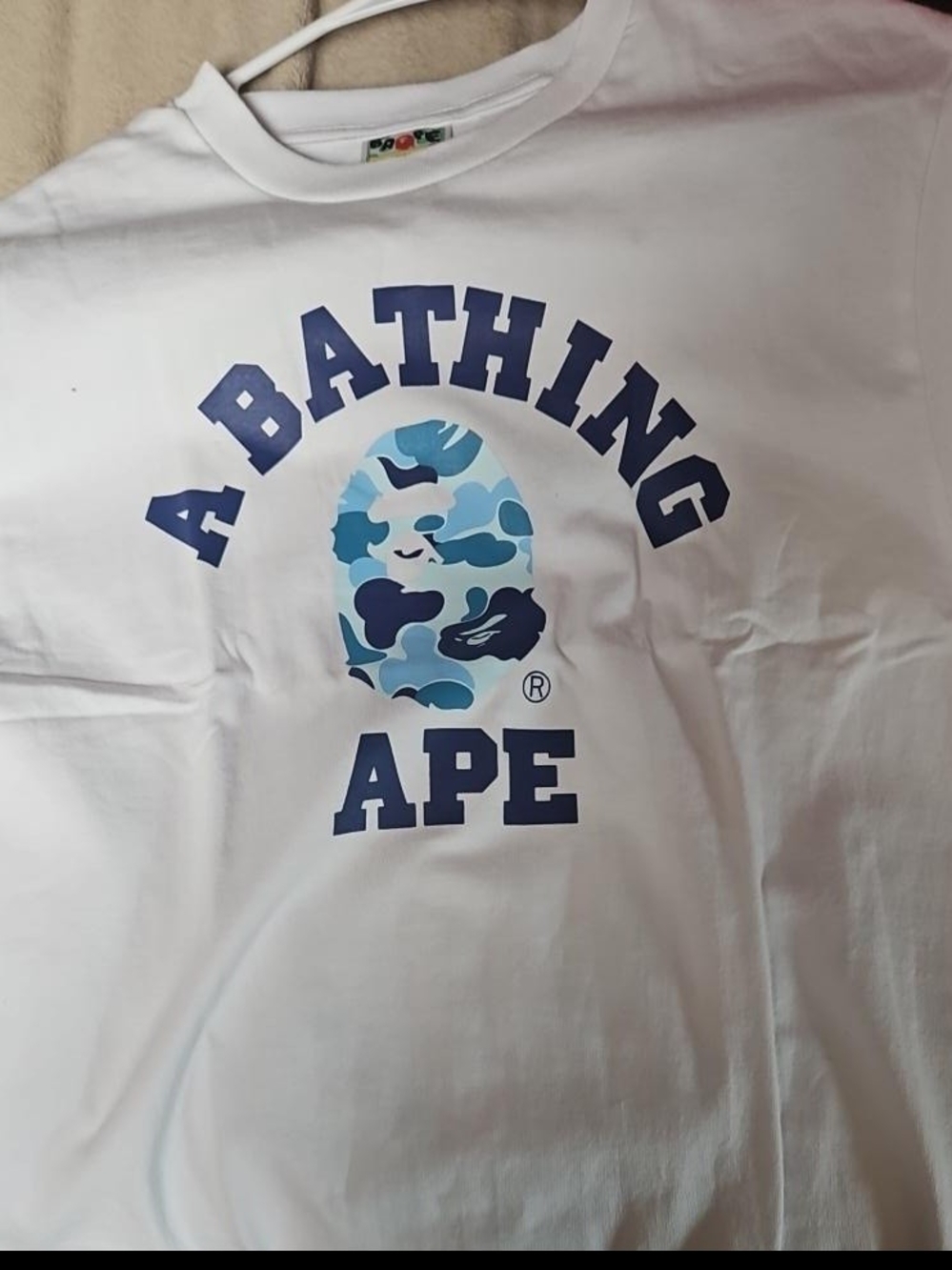 Bape White Short-Sleeve Tee with Blue Camo Ape Logo